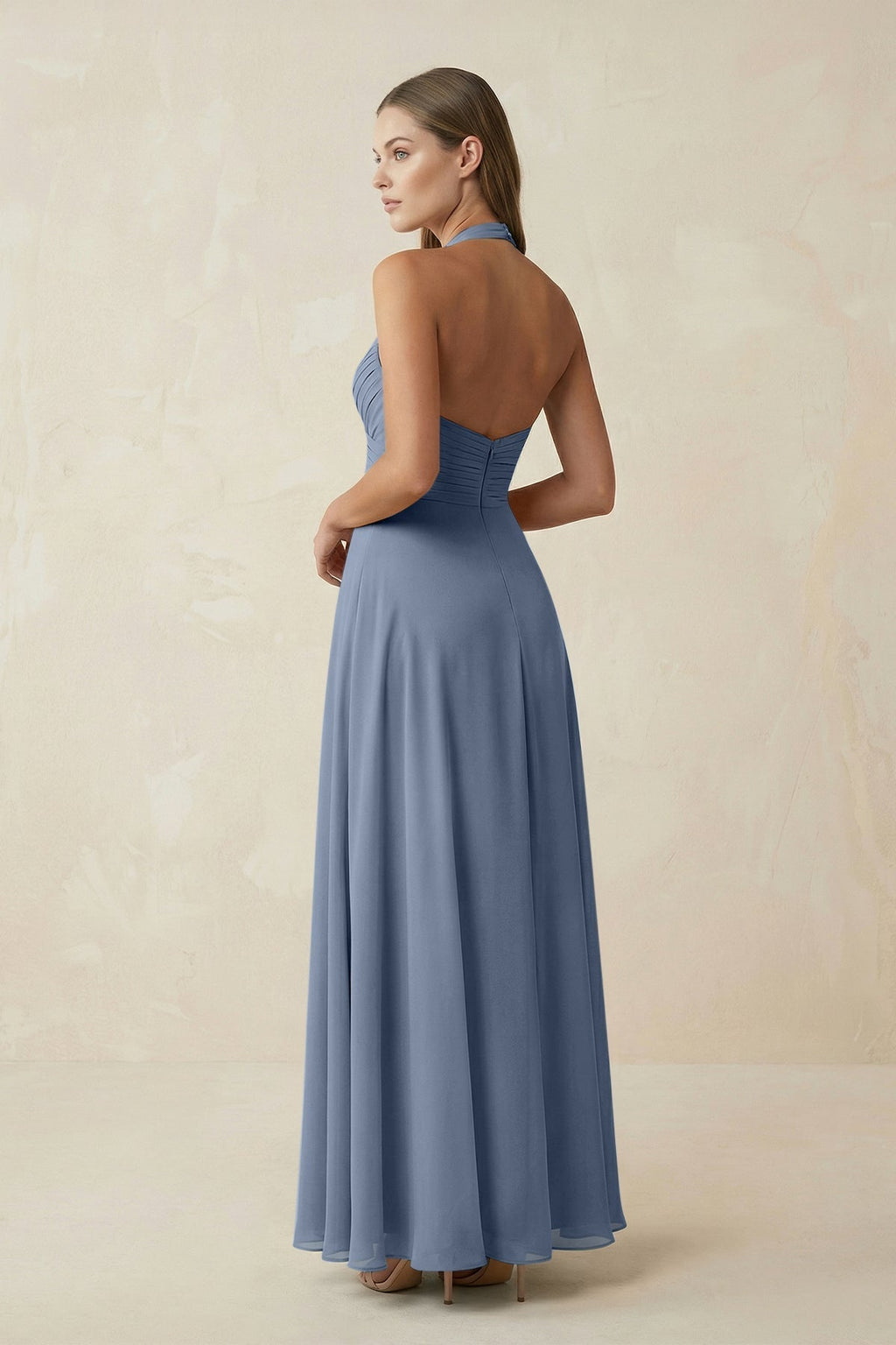 A-Line Pleated Chiffon V-Neck Bridesmaid Dress in Neptune