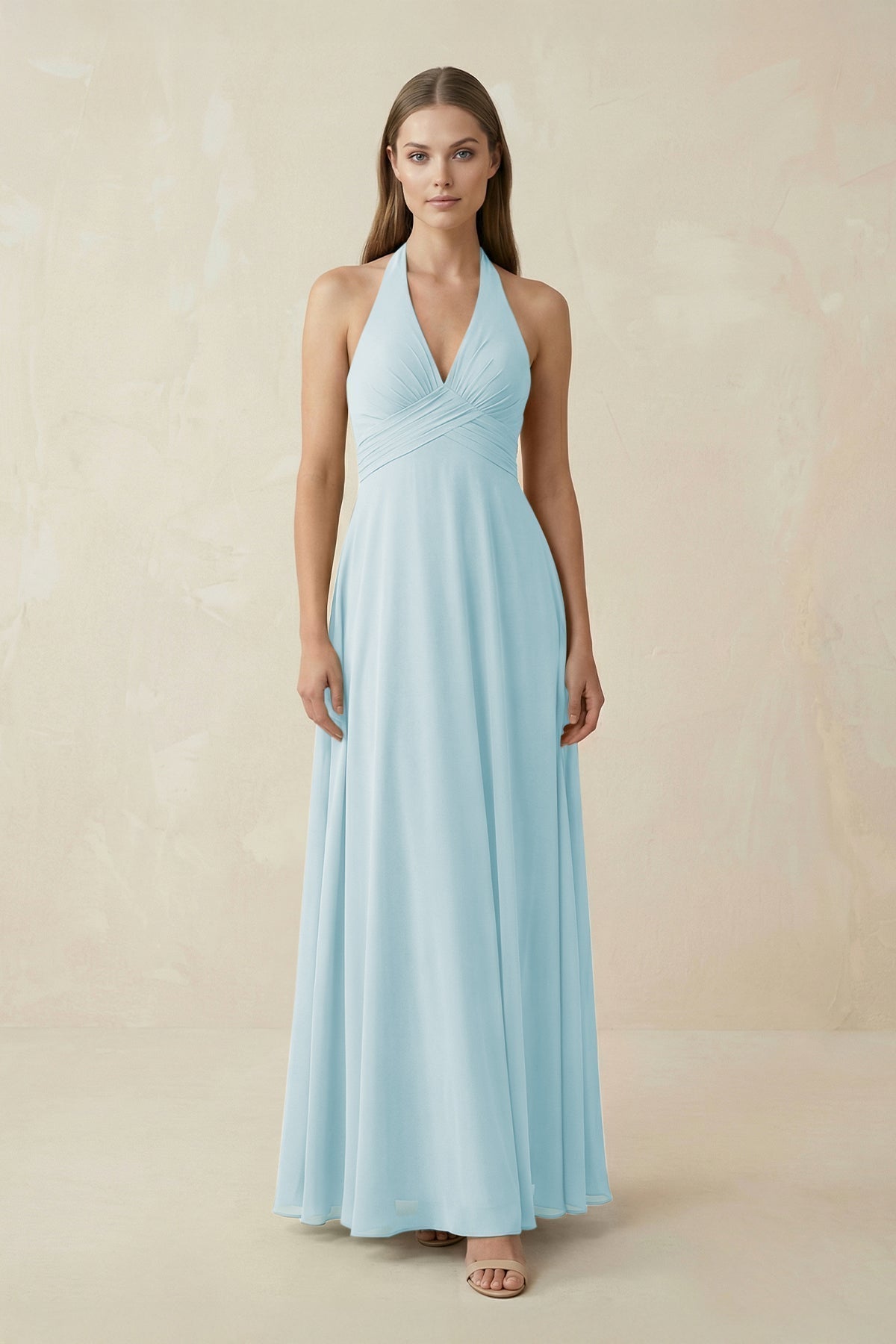 A-Line Pleated Chiffon V-Neck Bridesmaid Dress in Sky Blue