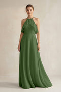 Halter Neck A-Line Chiffon Bridesmaid Dress with Keyhole in Moss